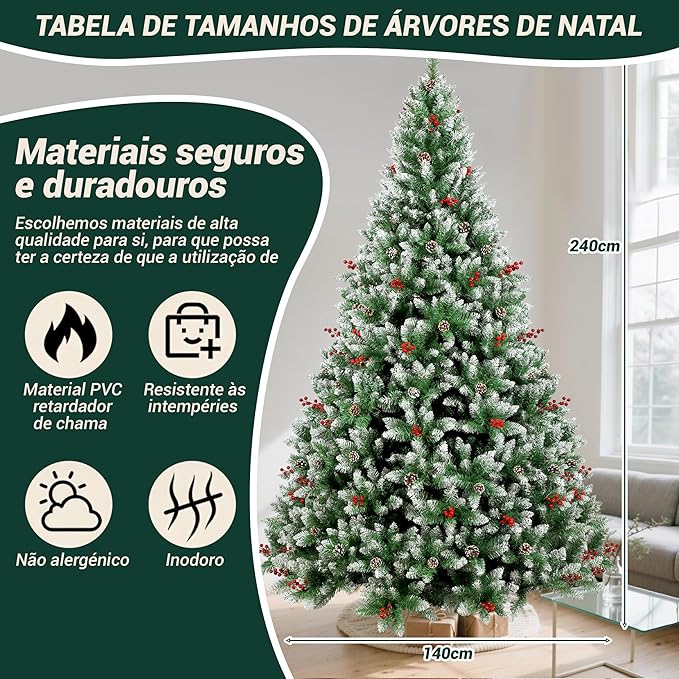 Árvore de Natal, 2.4M Arvore de Nata 1550 Galhos, Decoração de Natal, Árvore de Natal com Pinhas, Cerejas e Neve, com Base de Metal, (2.4M)