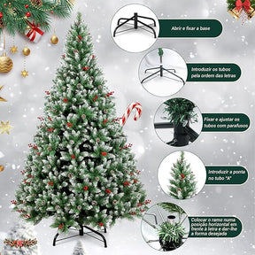 Árvore de Natal, 2.4M Arvore de Nata 1550 Galhos, Decoração de Natal, Árvore de Natal com Pinhas, Cerejas e Neve, com Base de Metal, (2.4M)