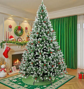Árvore de Natal, 2.4M Arvore de Nata 1550 Galhos, Decoração de Natal, Árvore de Natal com Pinhas, Cerejas e Neve, com Base de Metal, (2.4M)