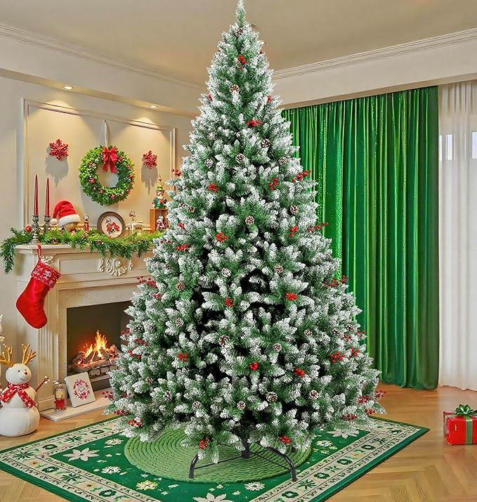 Árvore de Natal, 2.4M Arvore de Nata 1550 Galhos, Decoração de Natal, Árvore de Natal com Pinhas, Cerejas e Neve, com Base de Metal, (2.4M)