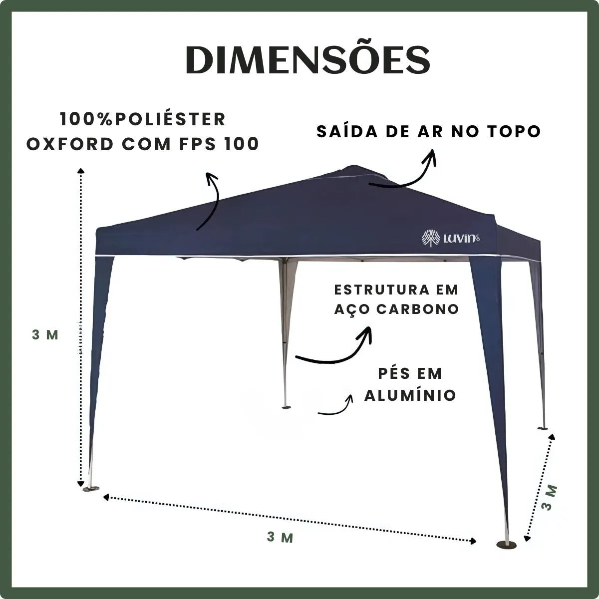 Tenda Gazebo Sanfonada Articulada Luvinco 3x3m Azul Impermeável Resistente Proteção Ao Ar Livre Camping Praia Eventos Montagem Prática Estrutura Resistente Durável