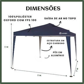 Tenda Gazebo Sanfonada Articulada Luvinco 3x3m Azul Impermeável Resistente Proteção Ao Ar Livre Camping Praia Eventos Montagem Prática Estrutura Resistente Durável