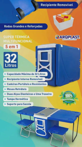 Caixa Termica 32 Litros 5 Em 1 Com Tampa Hermética E Rodinha - Azul