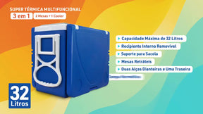 Caixa Termica 32 Litros 5 Em 1 Com Tampa Hermética E Rodinha - Azul